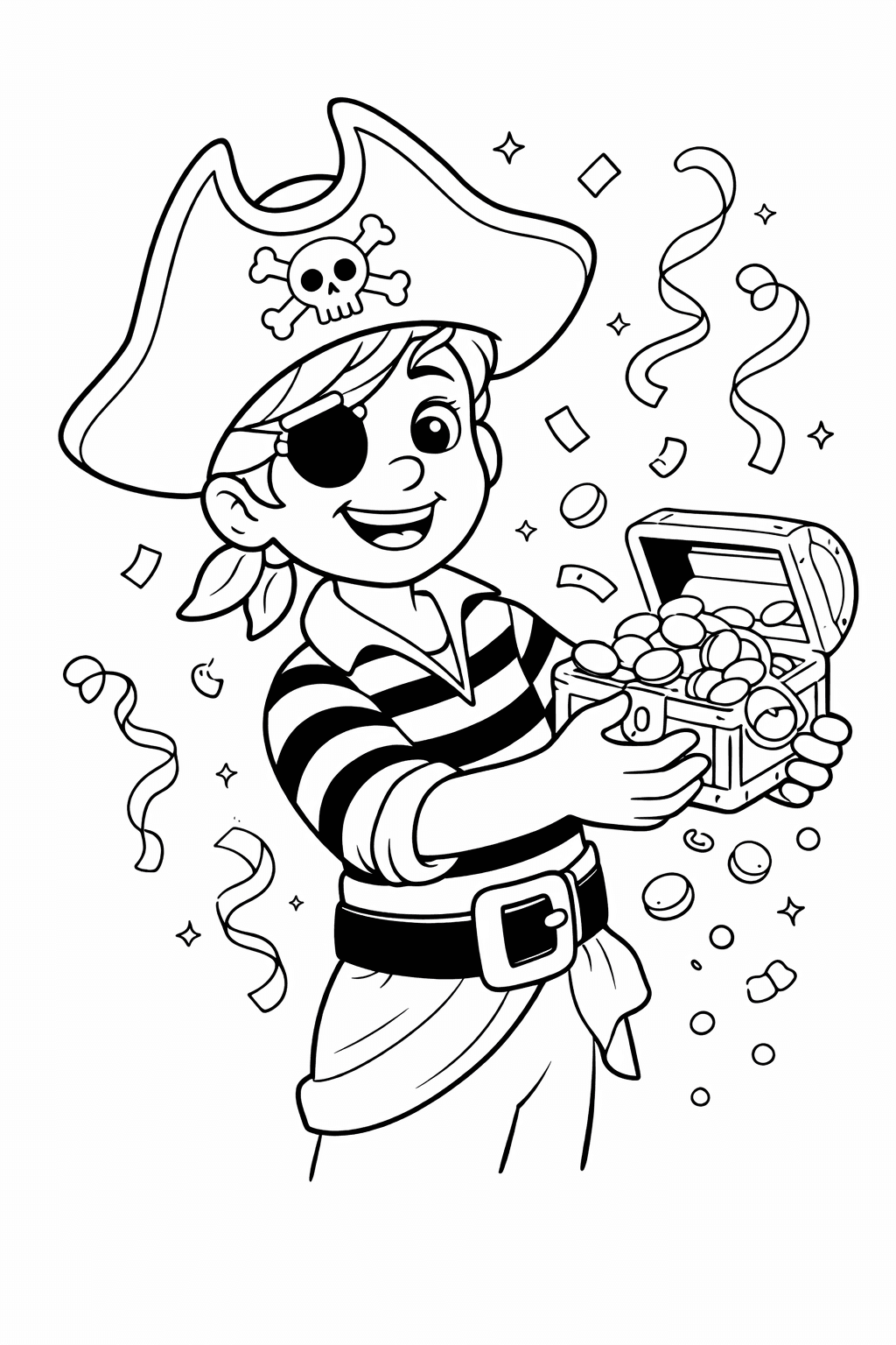 Fröhlicher Pirat Mit Schatztruhe