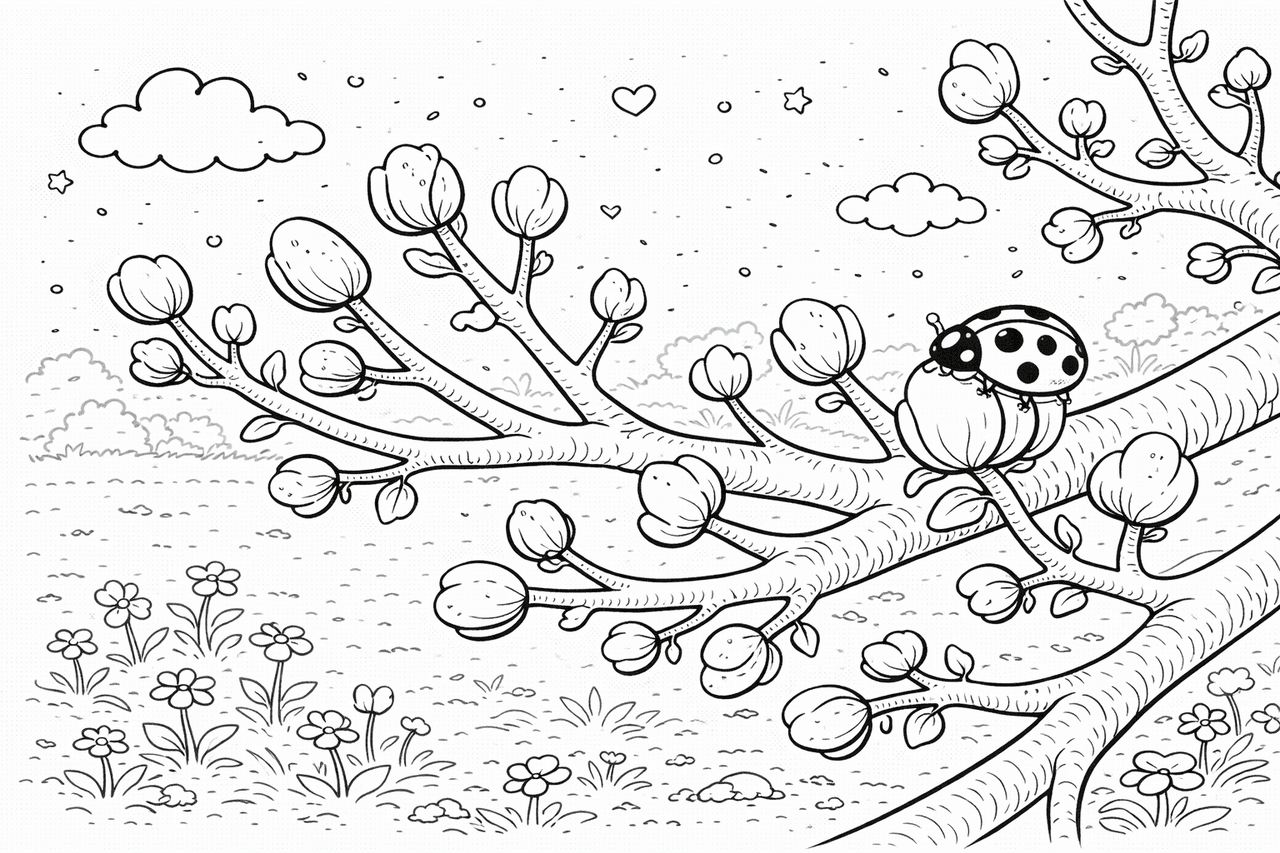 Blühende Zweige mit Marienkäfer - Ausmalbild