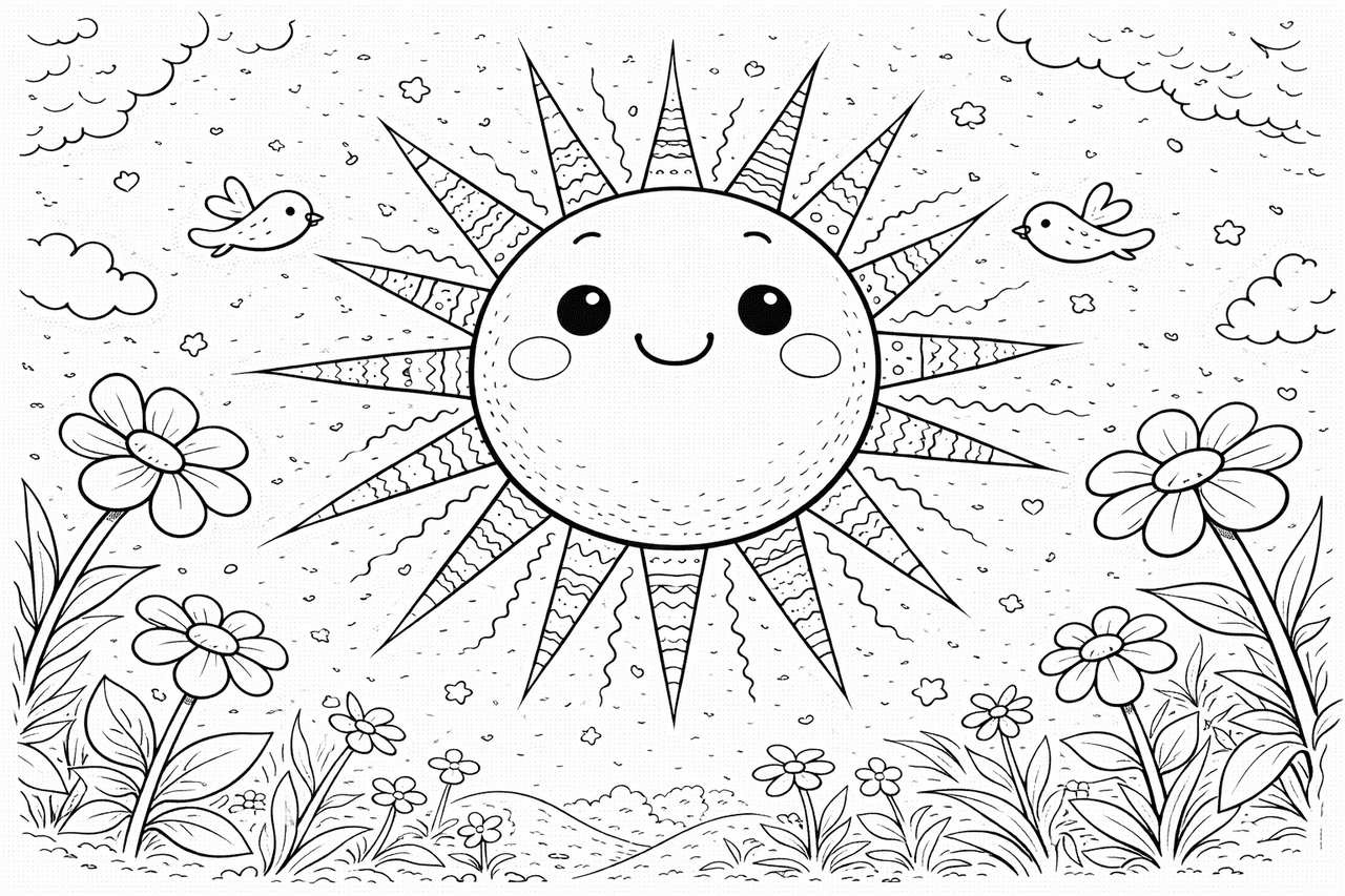 Fröhliche Sonne über Blumenwiese - Ausmalbild Fröhliche Sonne über Blumenwiese - Ausmalbild
