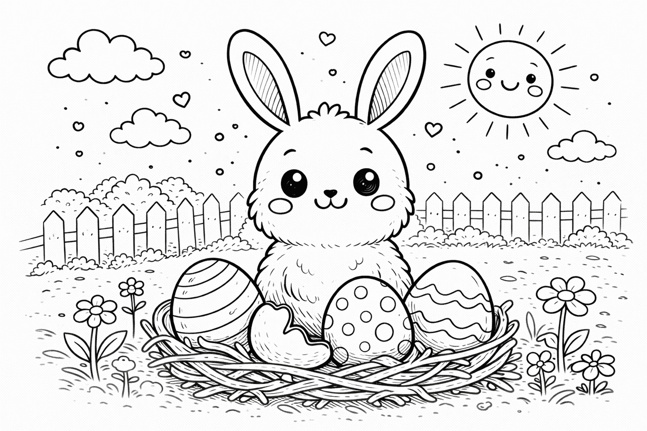 Fröhlicher Osterhase mit bunten Eiern - Ausmalbild