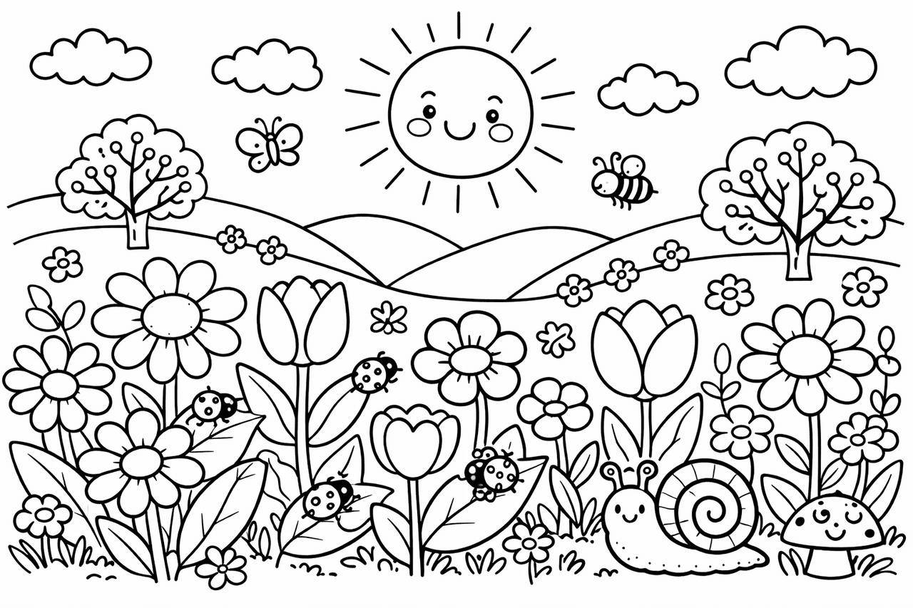 Frühling im Blumenwiese - Ausmalbild