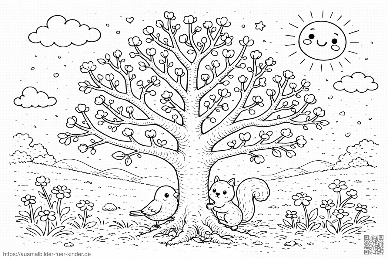 Frühling im Grünen mit Tieren - Ausmalbild Frühling im Grünen mit Tieren - Ausmalbild