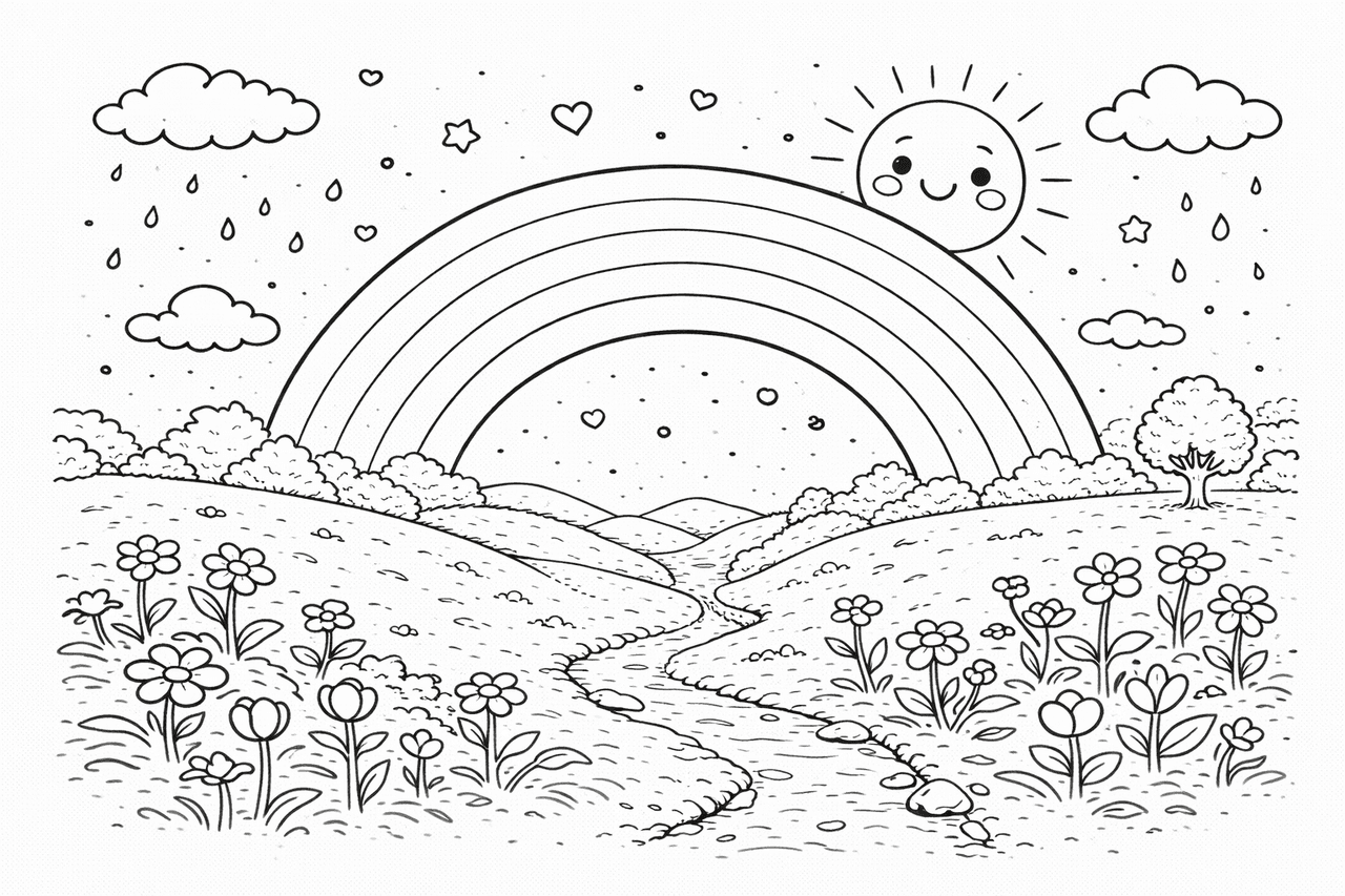 Frühling mit Regenbogen und Sonne - Ausmalbild