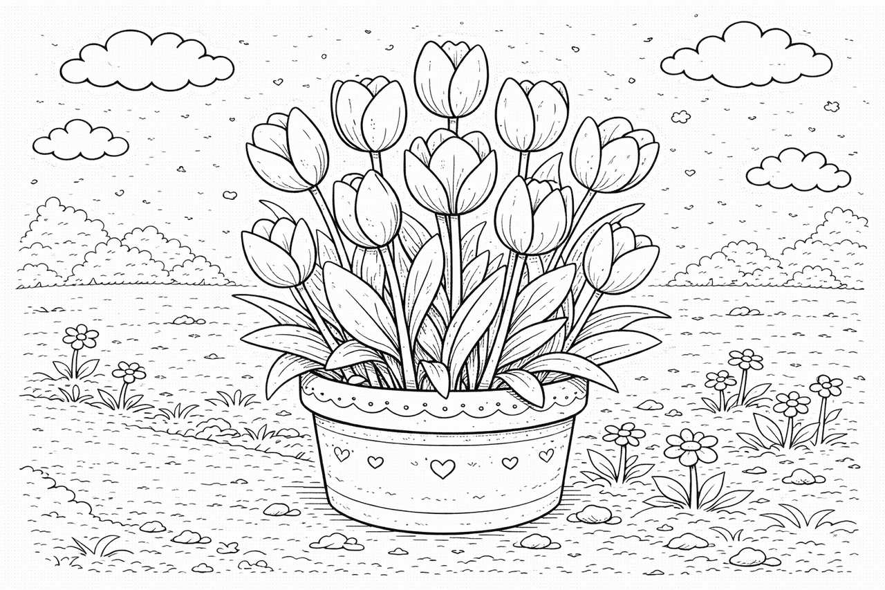 Frühlingstulpen im dekorativen Topf - Ausmalbild Frühlingstulpen im dekorativen Topf - Ausmalbild