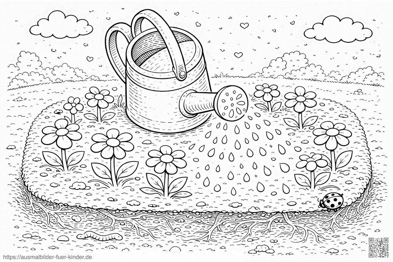 Gießkanne über blühendem Garten - Ausmalbild Gießkanne über blühendem Garten - Ausmalbild