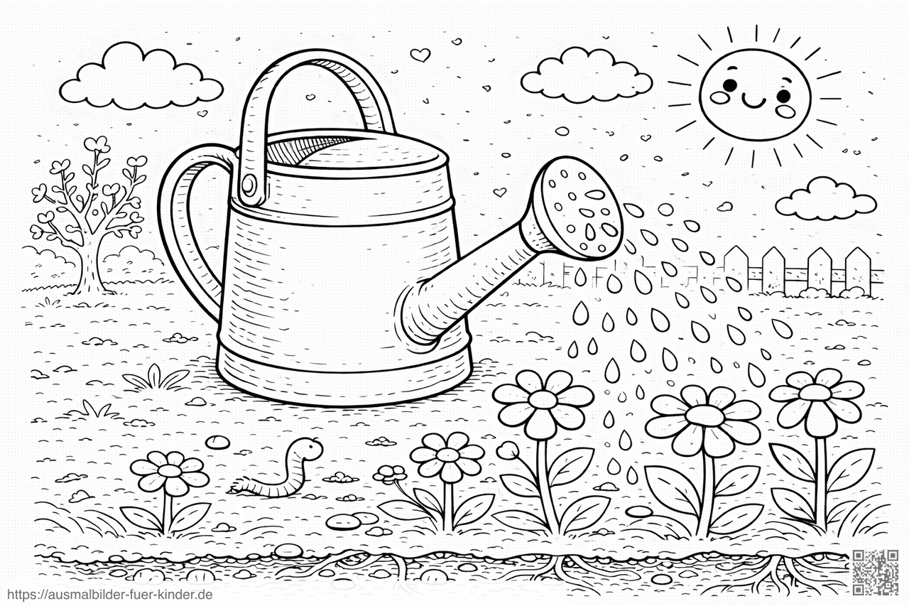 Gießkanne im Blumenbeet - Ausmalbild Gießkanne im Blumenbeet - Ausmalbild