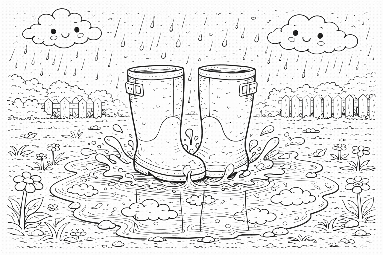Gummistiefel im Regenpfütze - Ausmalbild
