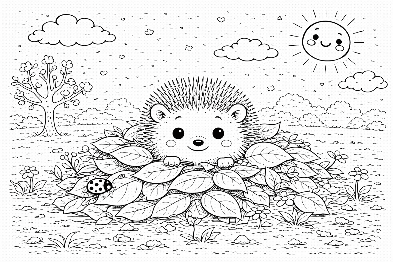 Igel im Laubhaufen mit Marienkäfer - Ausmalbild Igel im Laubhaufen mit Marienkäfer - Ausmalbild