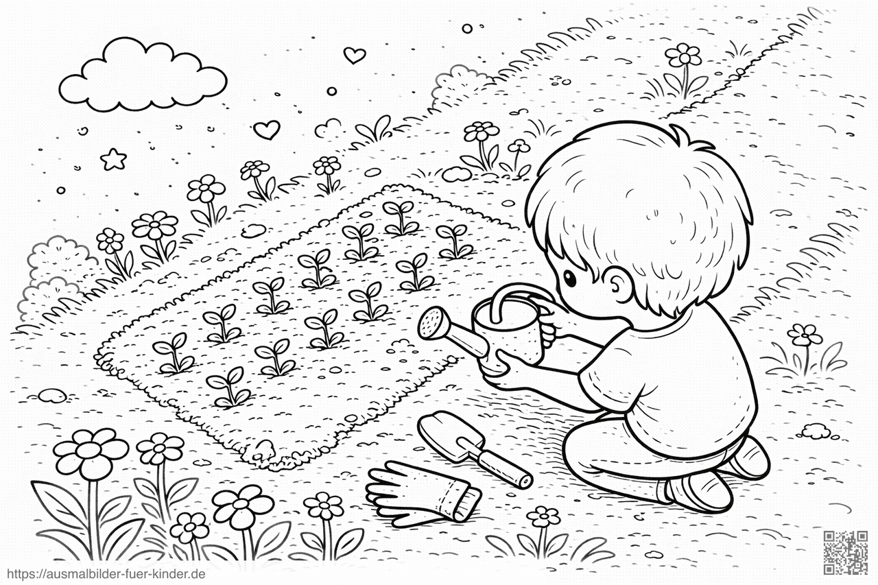 Kind gießt Pflanzen im Garten - Ausmalbild Kind gießt Pflanzen im Garten - Ausmalbild