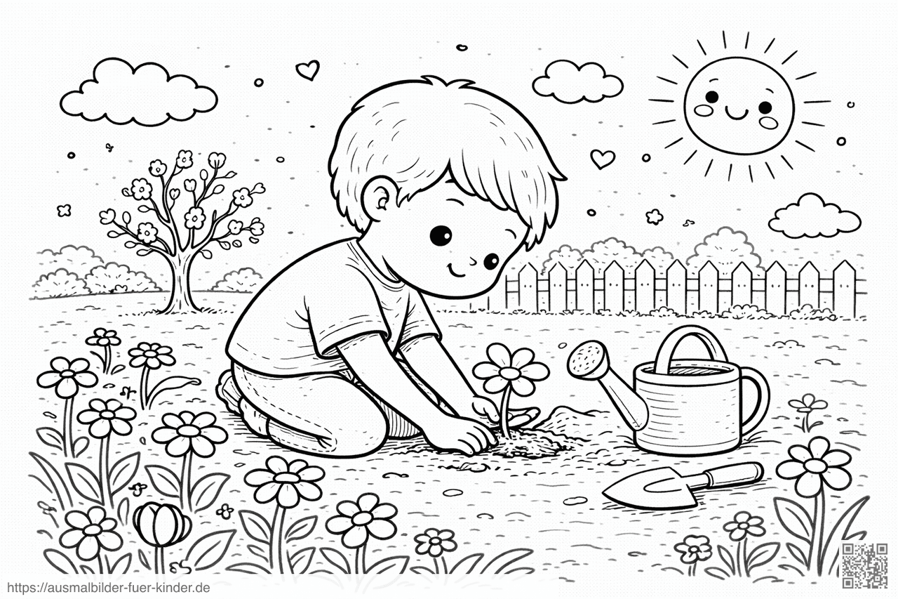 Kind pflanzt Blume im Garten - Ausmalbild Kind pflanzt Blume im Garten - Ausmalbild