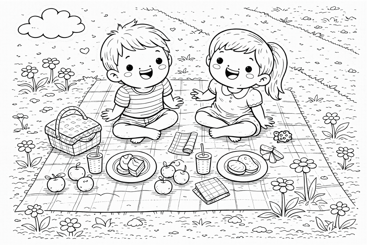 Kinder beim Picknick auf Decke - Ausmalbild