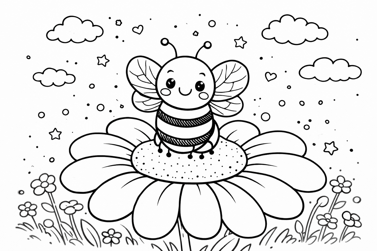 Kuschelige Biene auf einer Blume - Ausmalbild
