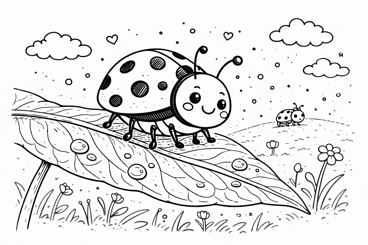 Marienkäfer auf Blatt im Himmel - Ausmalbild