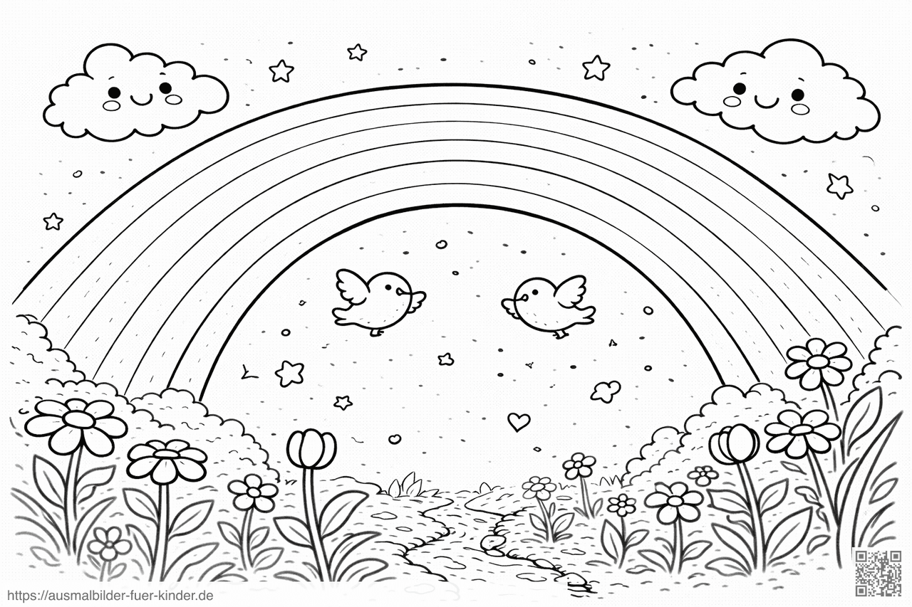 Regenbogen über Blumenwiese mit Vögeln - Ausmalbild Regenbogen über Blumenwiese mit Vögeln - Ausmalbild