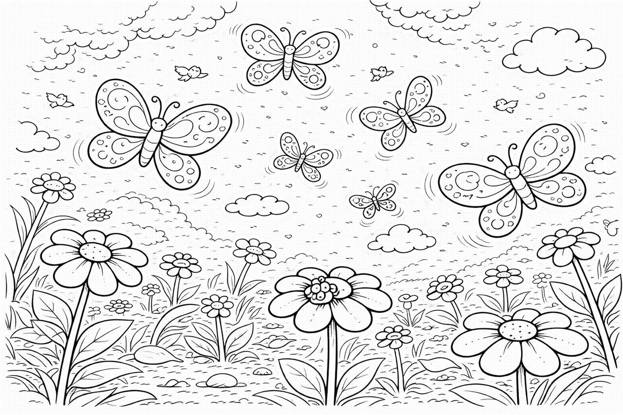 Schmetterlinge über einer Blumenwiese - Ausmalbild Schmetterlinge über einer Blumenwiese - Ausmalbild