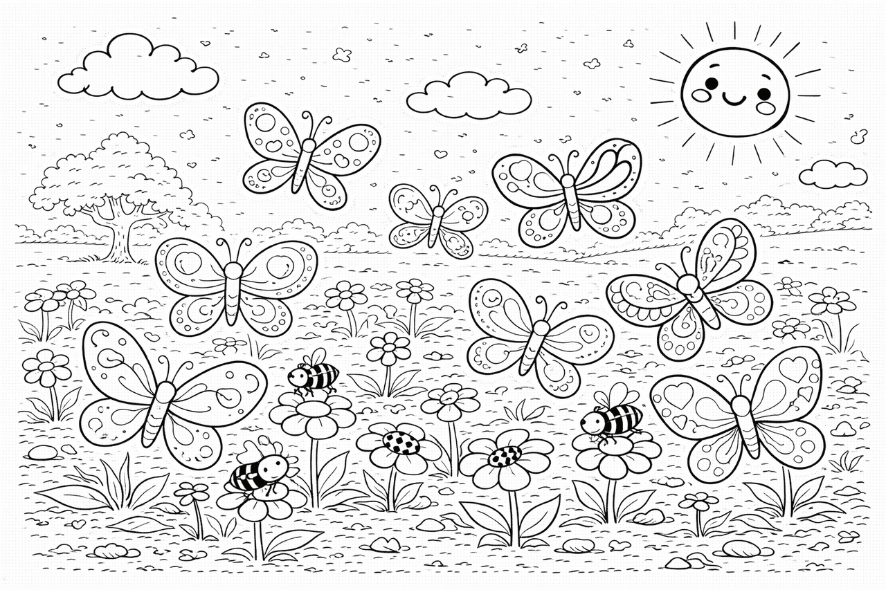 Schmetterlingswiese an einem sonnigen Tag - Ausmalbild Schmetterlingswiese an einem sonnigen Tag - Ausmalbild