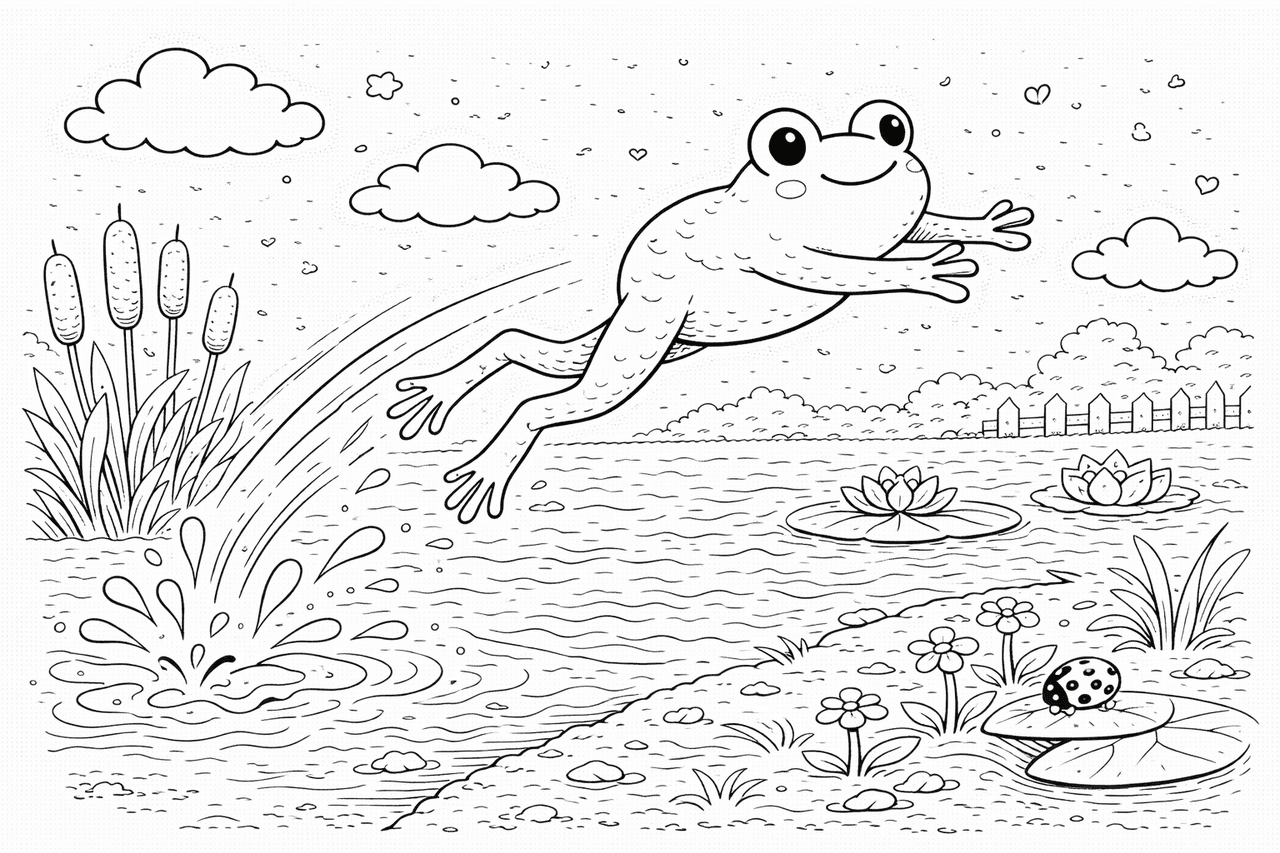Springhüpfer am Teichufer - Ausmalbild Springhüpfer am Teichufer - Ausmalbild