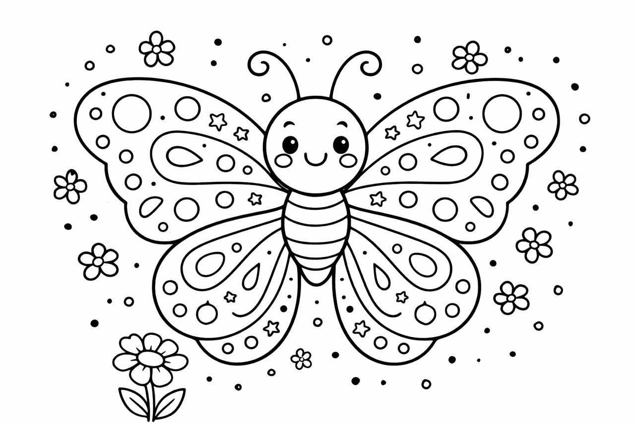 Symmetrische Schmetterlingsillustration mit Blumen - Ausmalbild