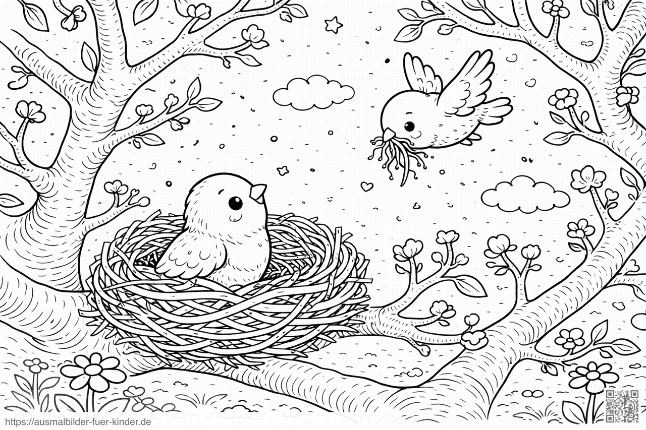 Vögel im Baumkronendach mit Nistmaterial - Ausmalbild Vögel im Baumkronendach mit Nistmaterial - Ausmalbild