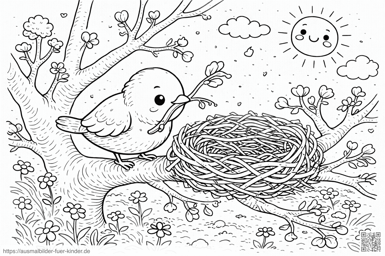 Vogel baut Nest im Baum - Ausmalbild Vogel baut Nest im Baum - Ausmalbild