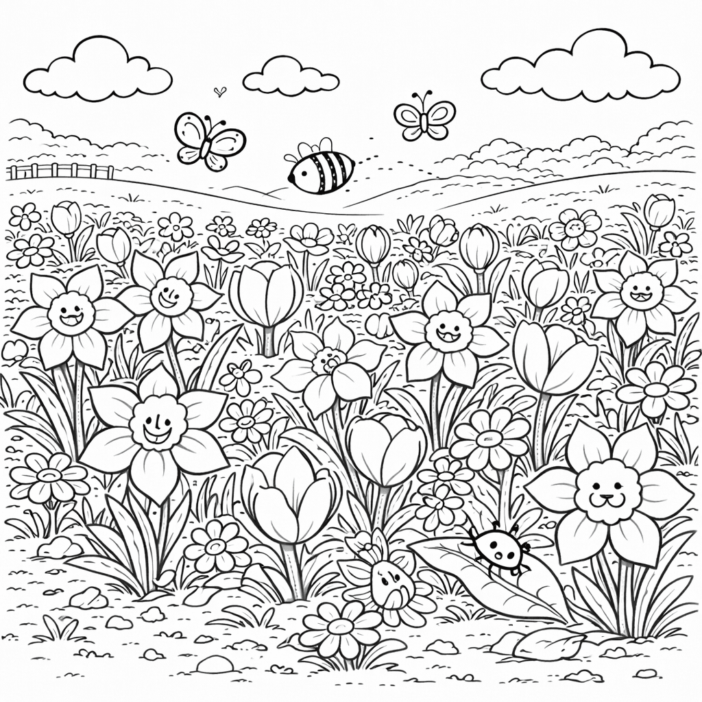 Frühlingswiese mit Kawaii-Blumen und Insekten - Ausmalbild