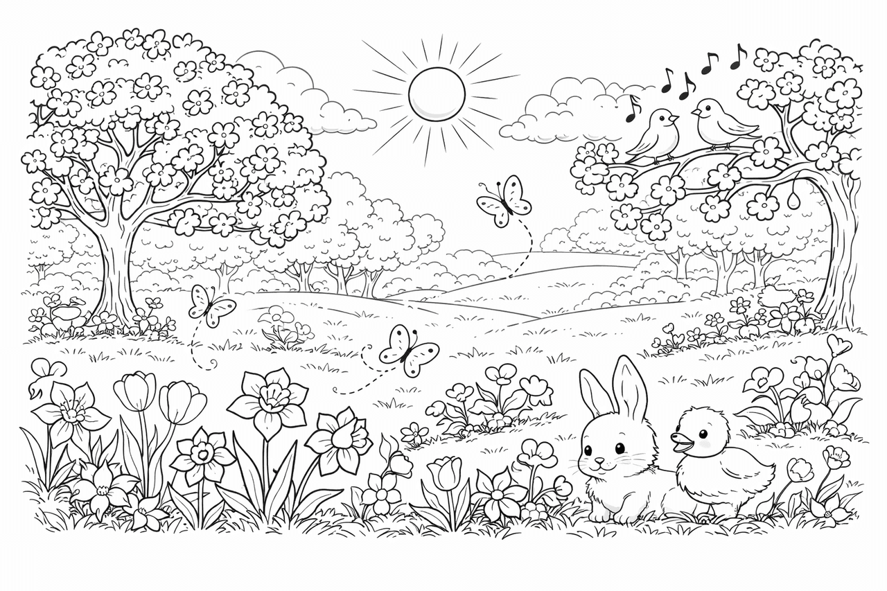 Frühlingswiese - Ausmalbild