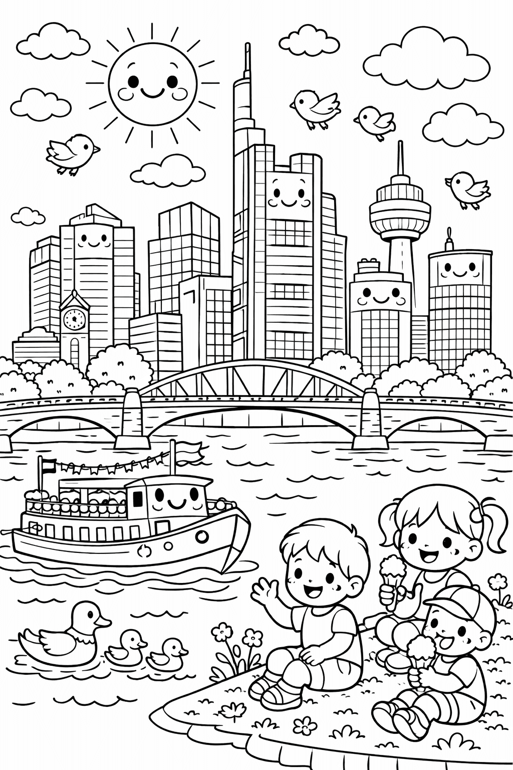 Fröhliche Kinder am Mainufer mit Skyline - Frankfurt Ausmalbild