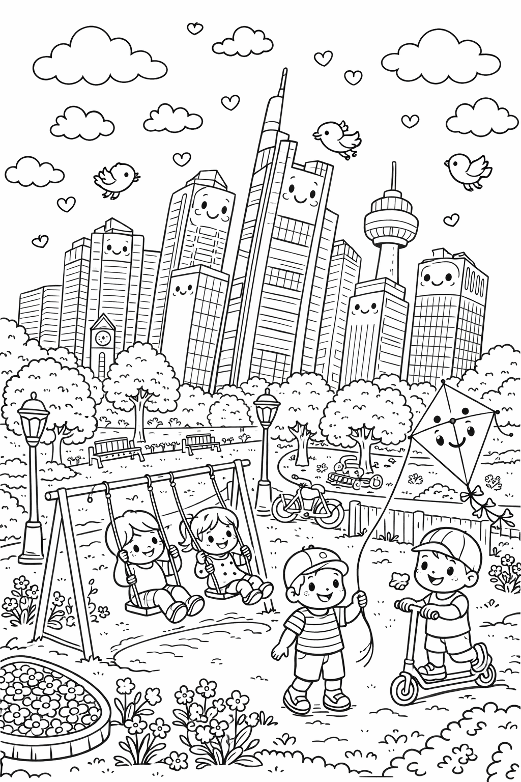 Kinder im Park mit Frankfurter Skyline - Ausmalbild