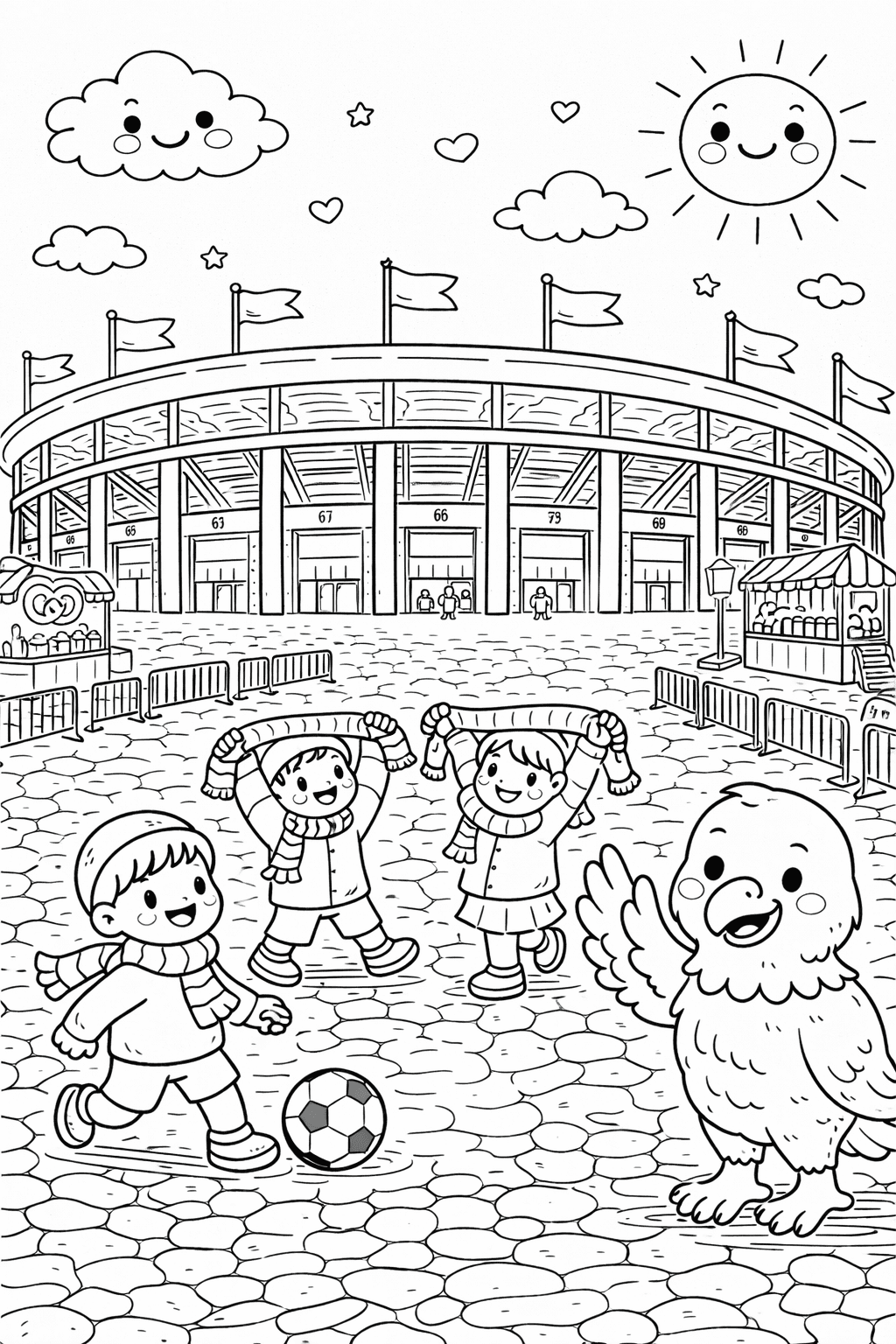 Kinder und Maskottchen im Stadion - Frankfurt Ausmalbild