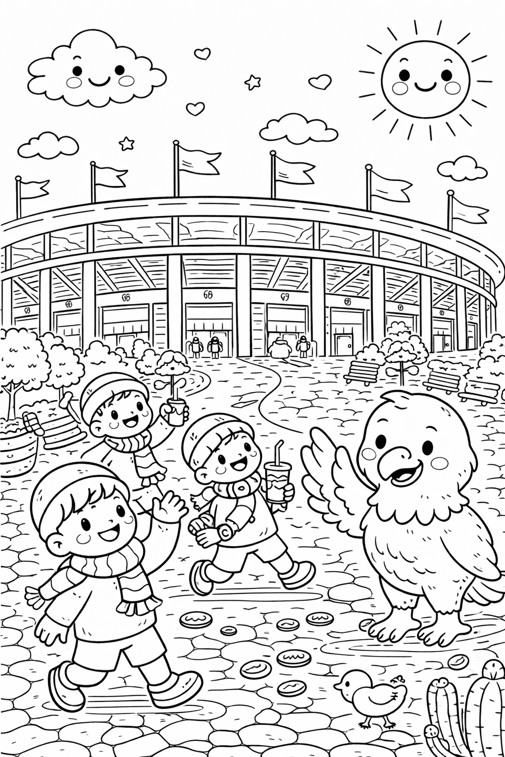 Kinder vor dem Stadion mit Maskottchen - Frankfurt Ausmalbild