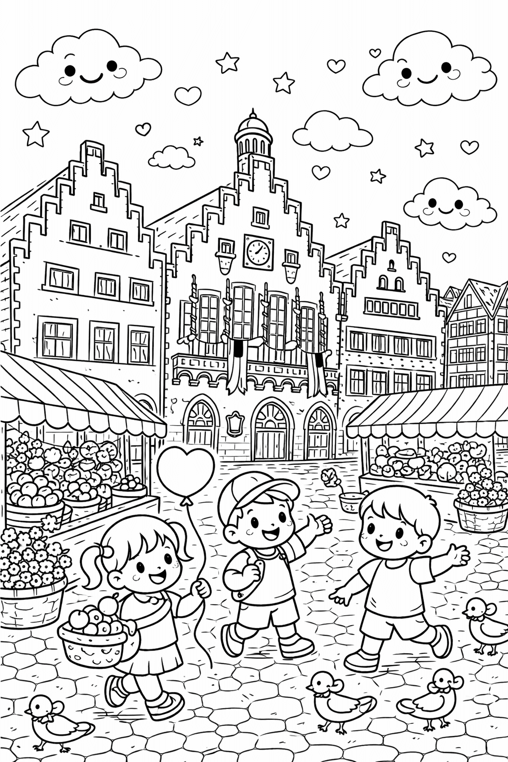 Römerplatz mit Kindern und Marktständen - Frankfurt Ausmalbild