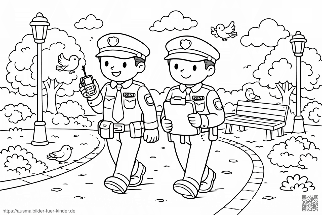 Freundliche Polizisten im Park - Ausmalbild Freundliche Polizisten im Park - Ausmalbild