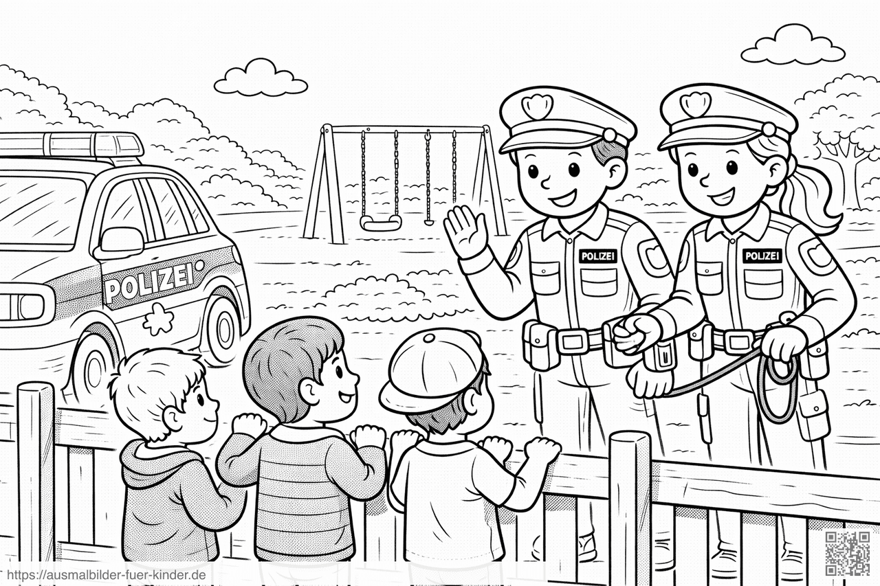 Freundliche Polizisten im Spielplatz - Ausmalbild