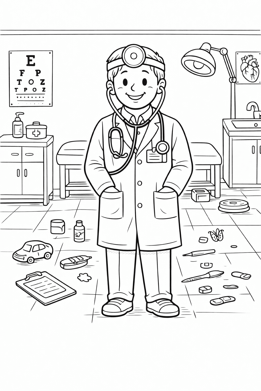 Freundlicher Arzt im Untersuchungsraum - Ausmalbild