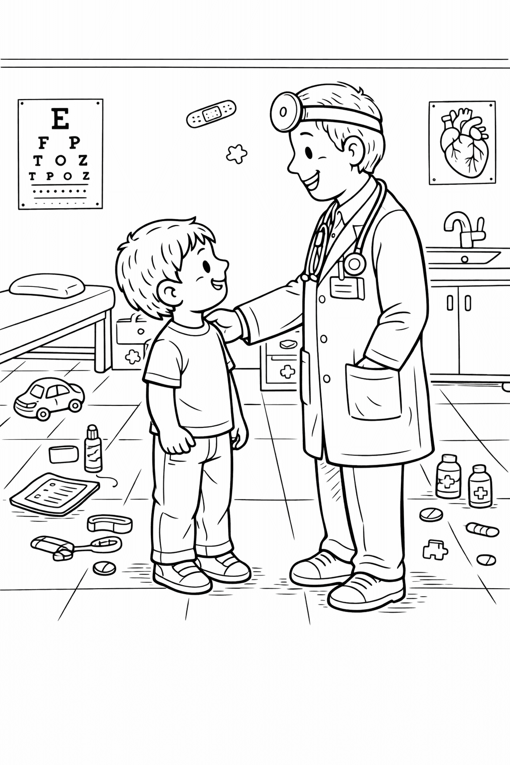 Freundlicher Arzt und Junge im Gespräch - Ausmalbild