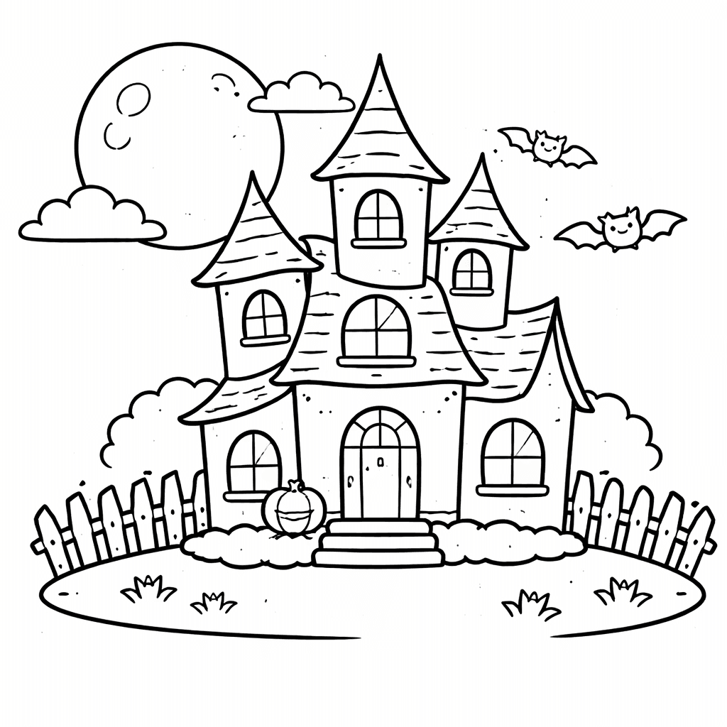 Freundliches Spukhaus Unter Dem Mond - Ausmalbild