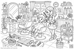 Fröhliche Haarsalon-Szene - Ausmalbild