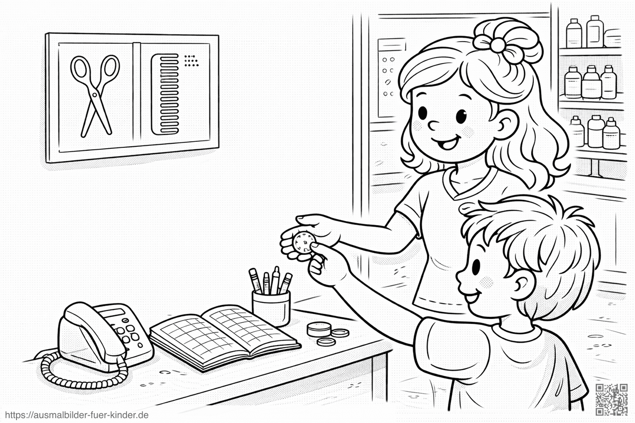 Fröhlicher Boy an der Friseurezeption - Ausmalbild