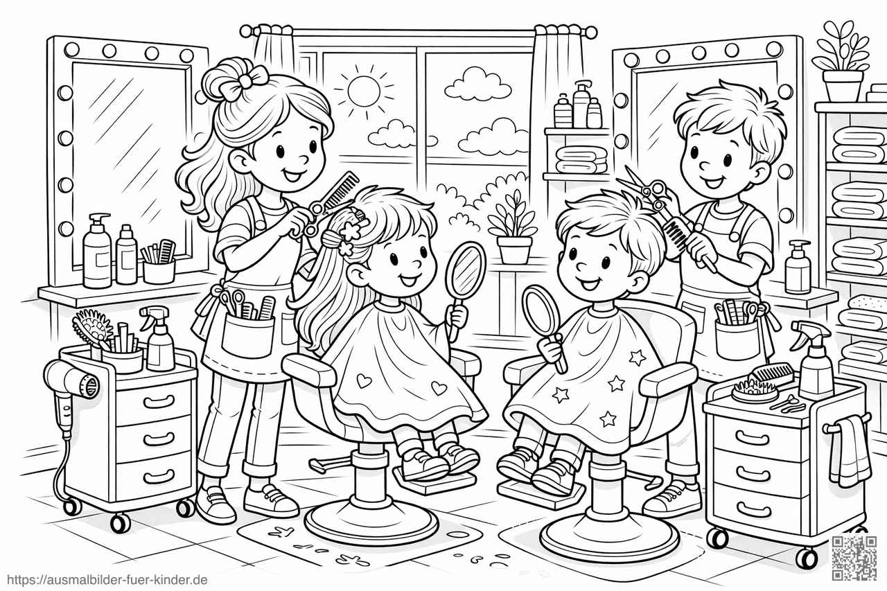 Fröhlicher Friseurbesuch für Kinder - Ausmalbild