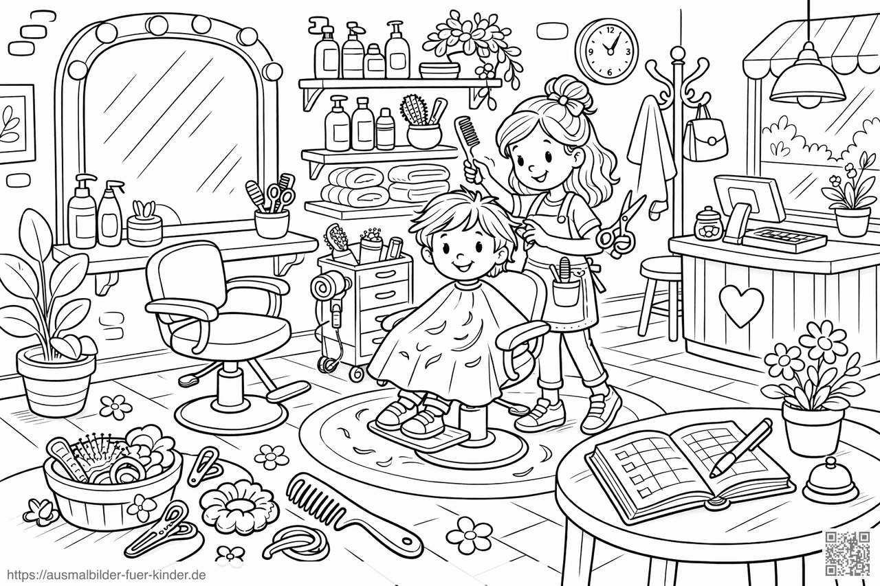 Fröhlicher Friseursalon - Ausmalbild