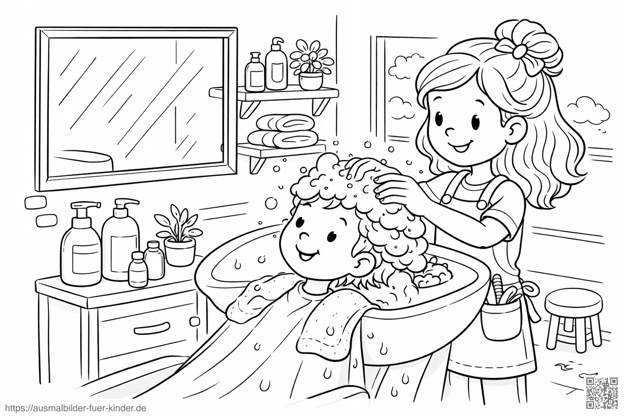 Friseur im Salon mit Kind - Ausmalbild Friseur im Salon mit Kind - Ausmalbild