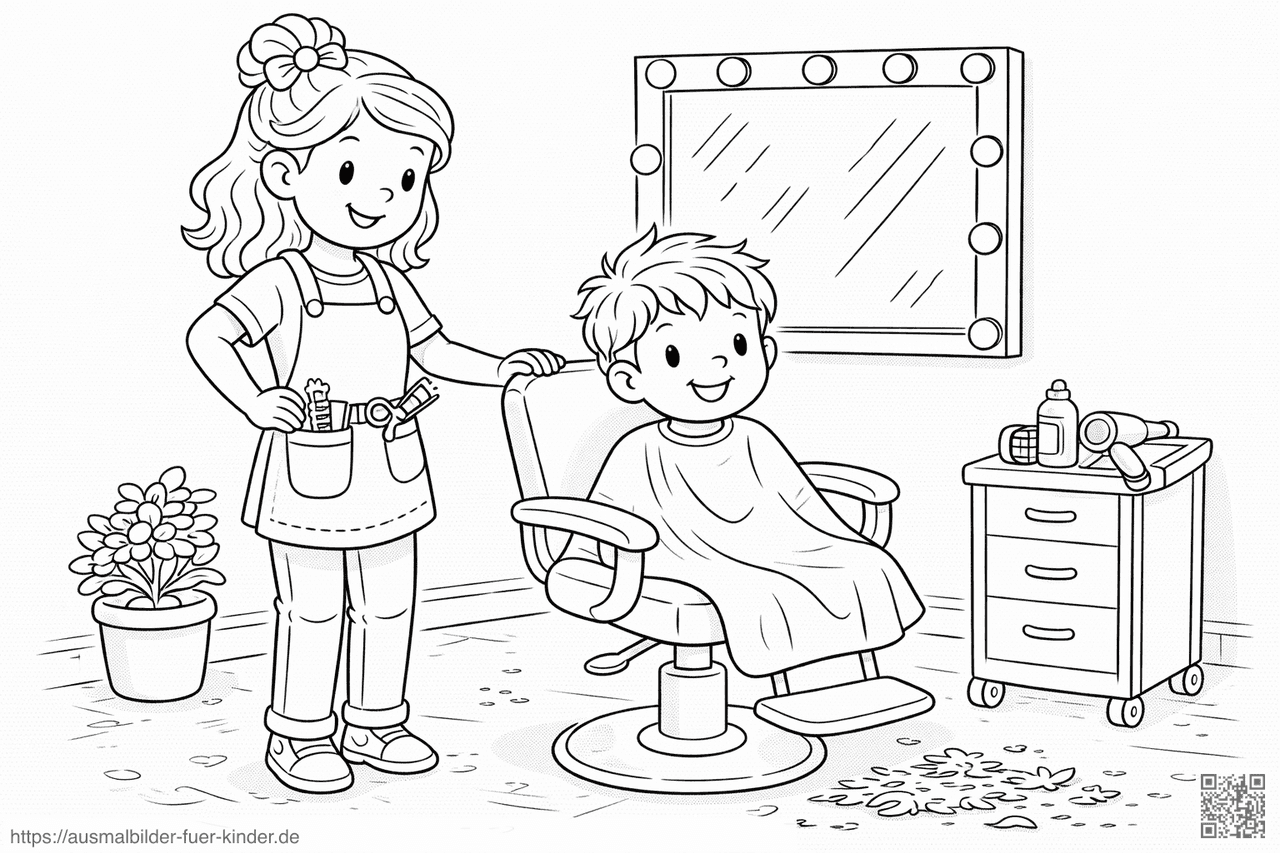 Friseurin beim Haareschneiden eines Kindes - Ausmalbild Friseurin beim Haareschneiden eines Kindes - Ausmalbild