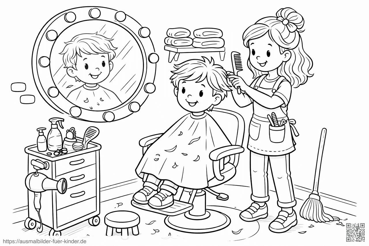 Friseursalon-Besuch für einen fröhlichen Jungen - Ausmalbild