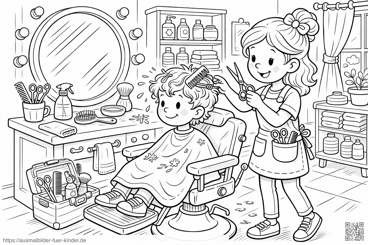 Friseursalon mit fröhlichem kleinen Kunden - Ausmalbild