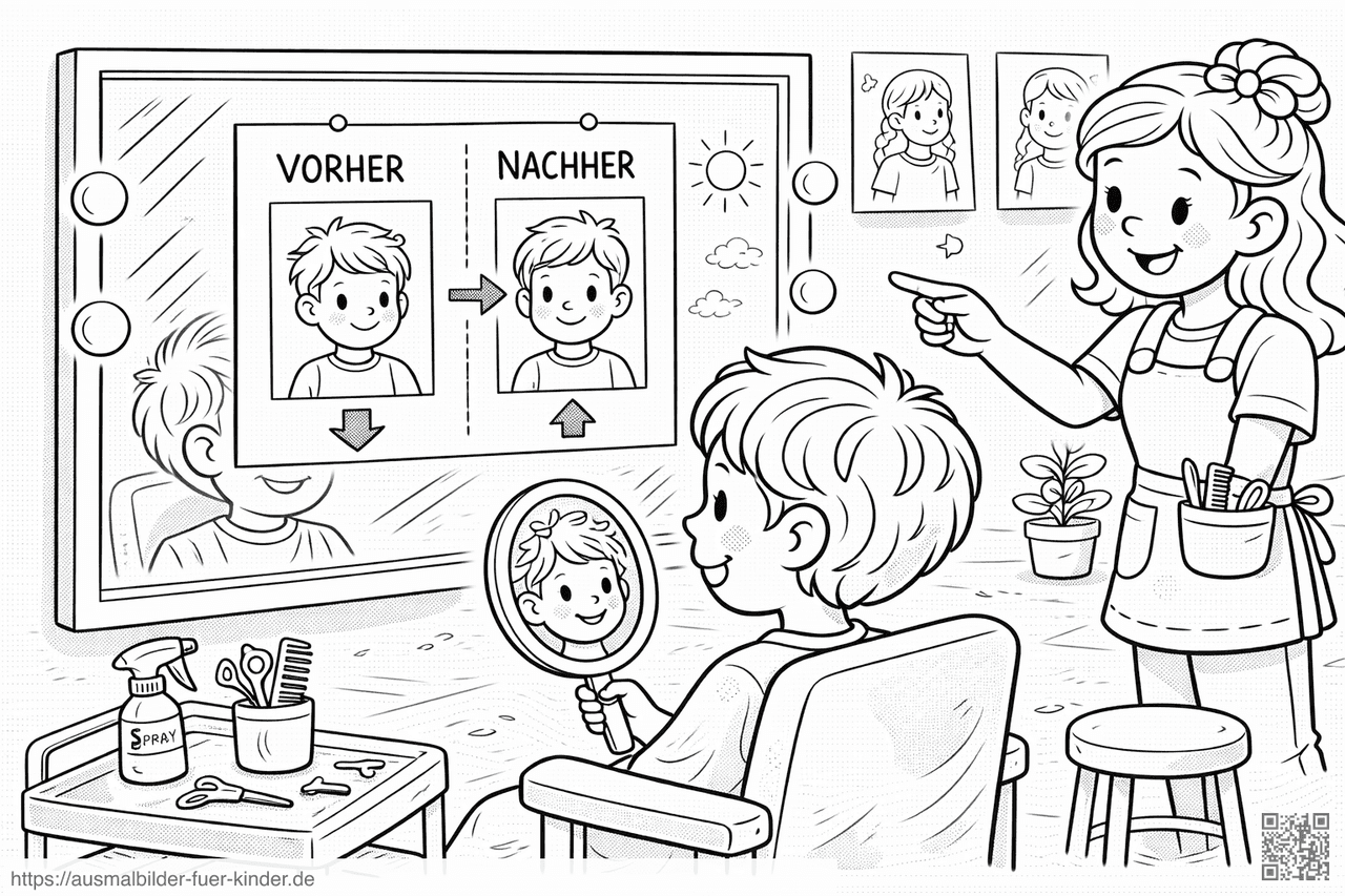 Frisurverwandlung im Friseursalon - Ausmalbild
