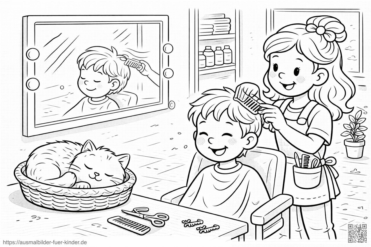 Haarschnitt im Salon mit Katze - Ausmalbild