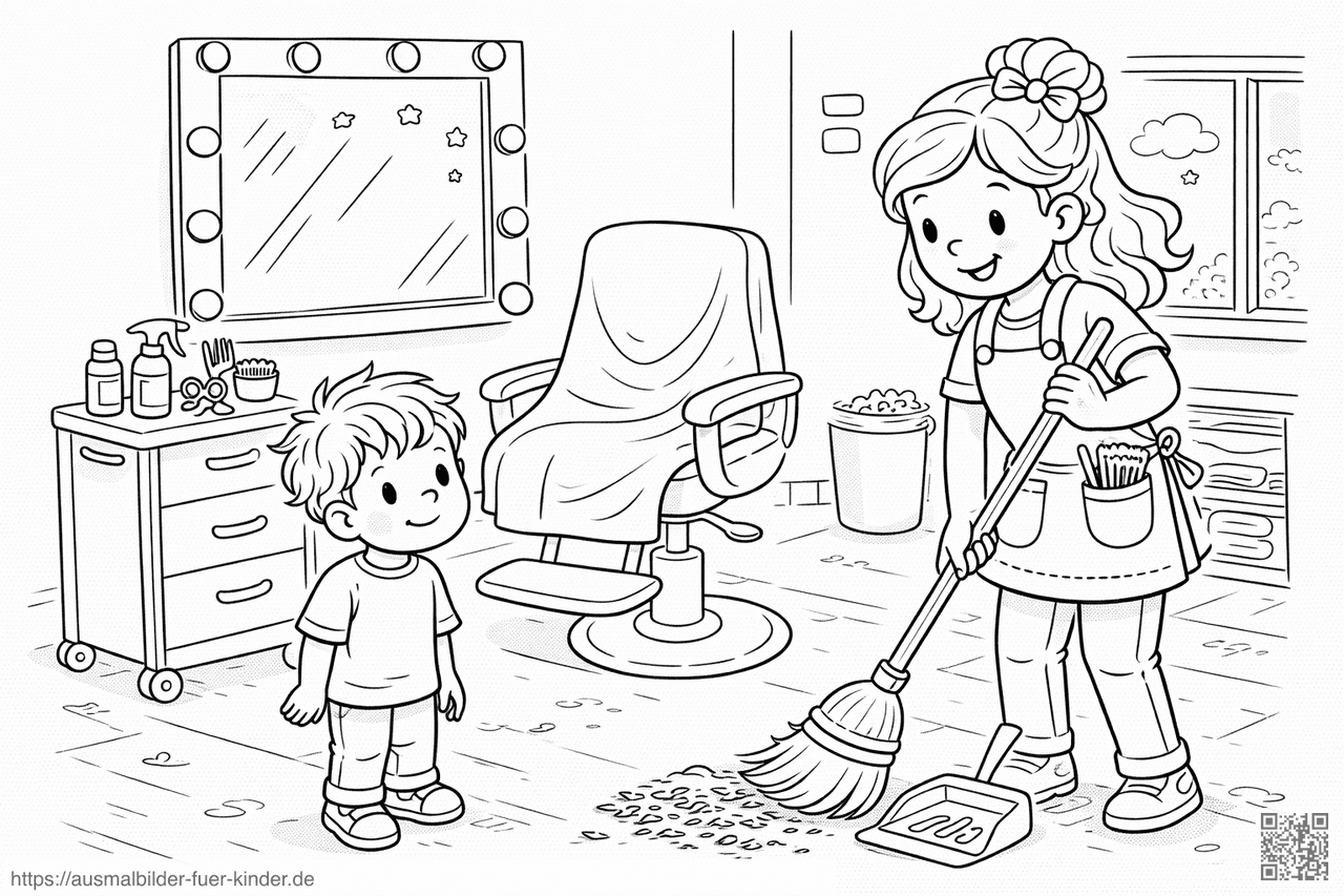 Hairstylist kehrt Haare im Salon auf - Ausmalbild Hairstylist kehrt Haare im Salon auf - Ausmalbild