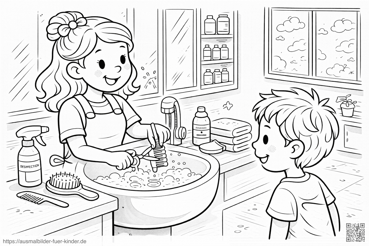 Hairstylist reinigt Werkzeuge im Waschbecken - Ausmalbild