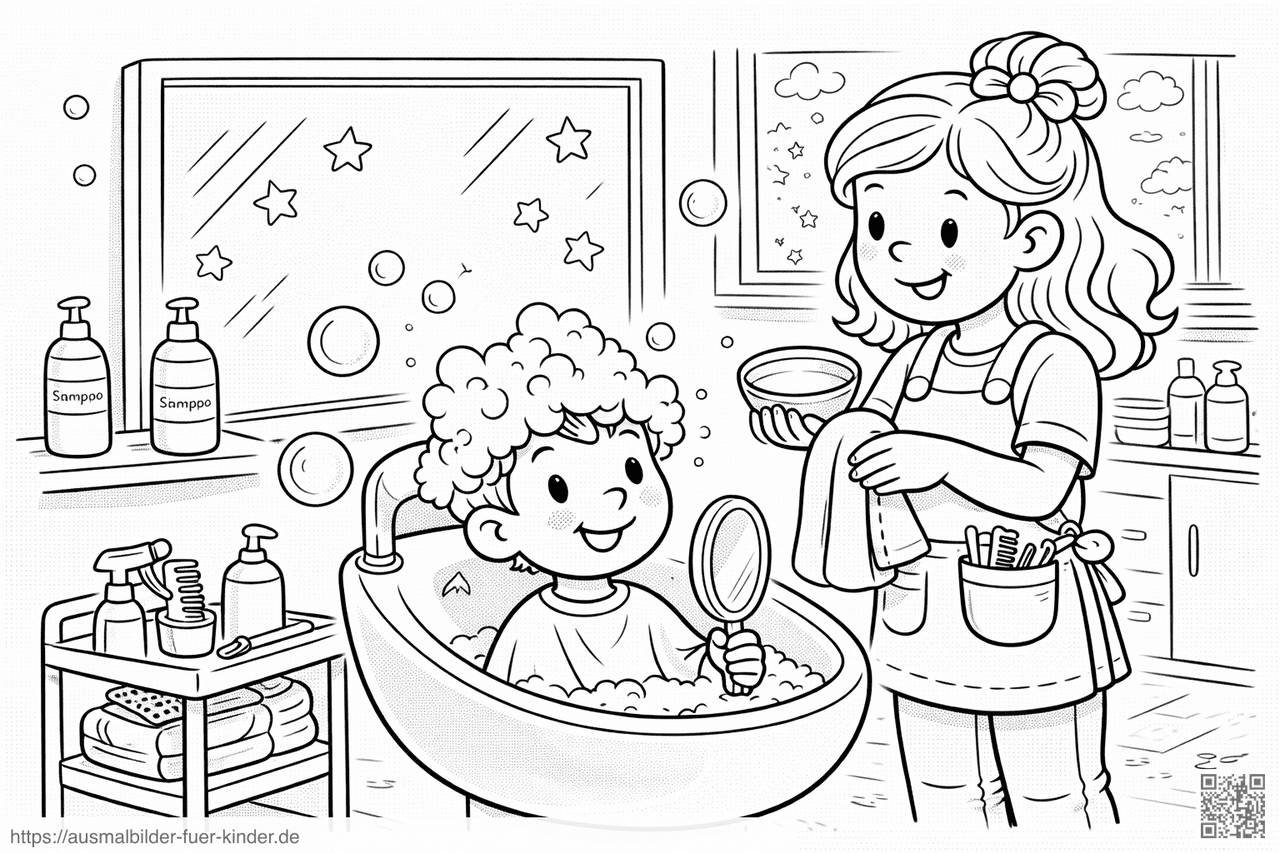 Junge erhält eine Haarwäsche im Salon - Ausmalbild Junge erhält eine Haarwäsche im Salon - Ausmalbild