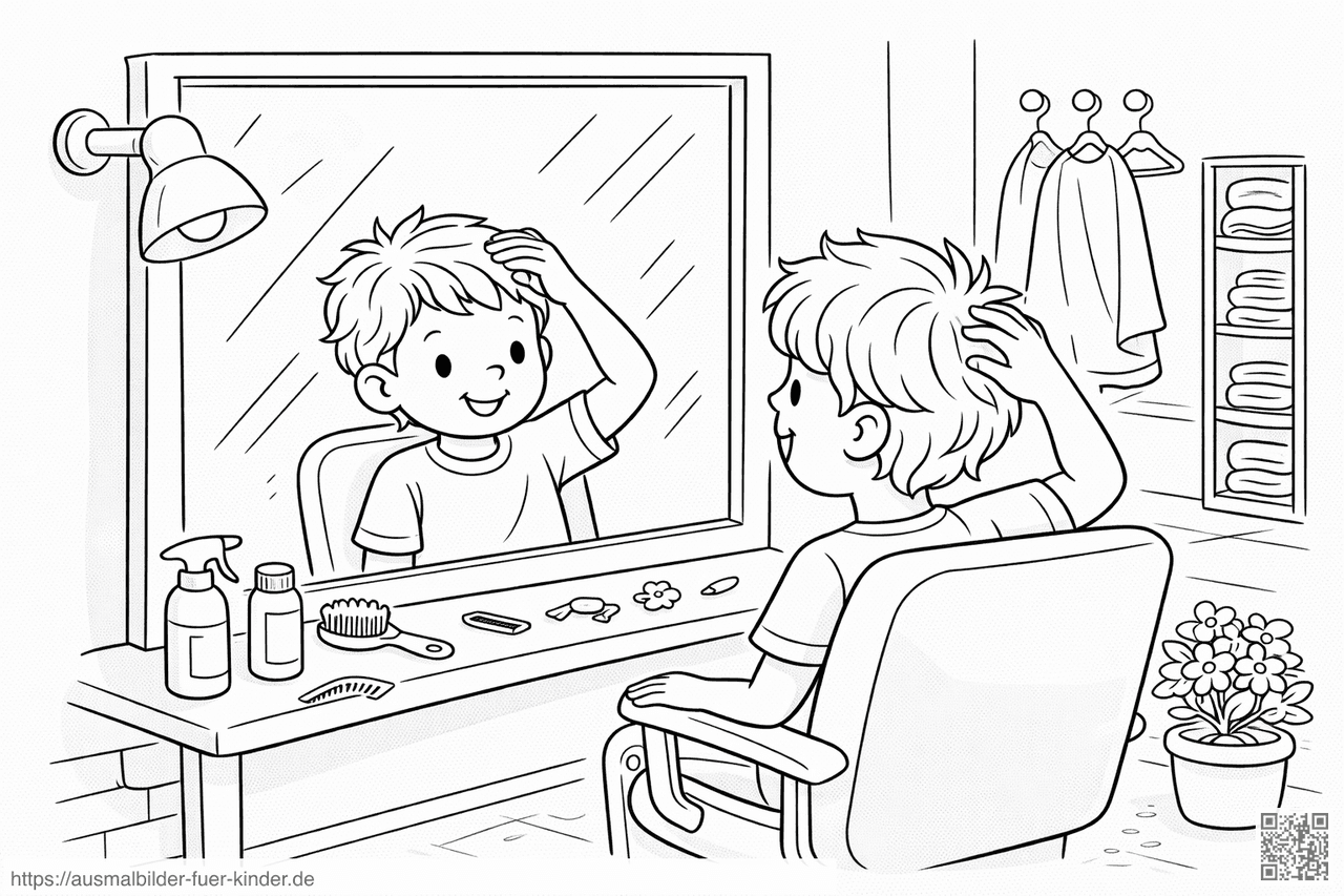 Junge prüft Spiegelbild im Friseursalon - Ausmalbild Junge prüft Spiegelbild im Friseursalon - Ausmalbild